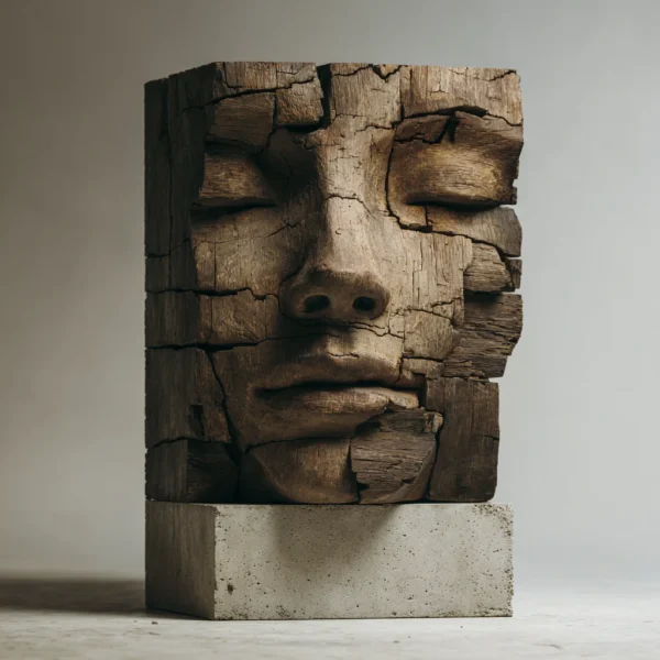Cracked Eternity: The Weathered Block Visage| Wood Sculpture