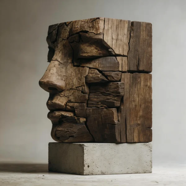 Cracked Eternity: The Weathered Block Visage| Wood Sculpture