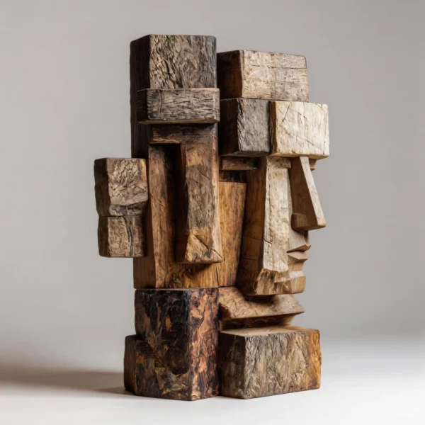 Dual Cubist Totem: The Weathered Block Duo| Wood Sculpture