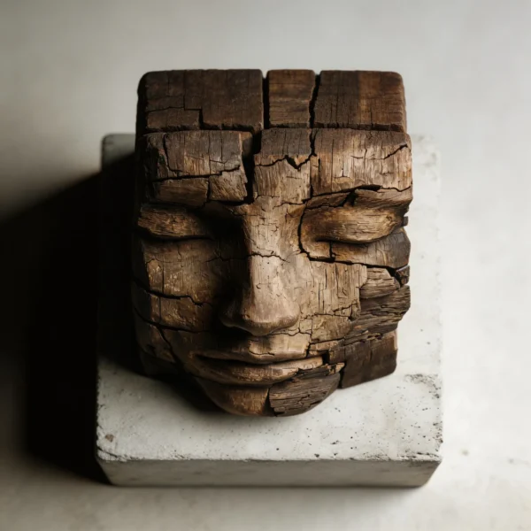 Cracked Eternity: The Weathered Block Visage| Wood Sculpture