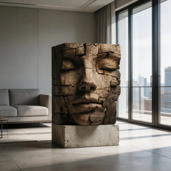 Cracked Eternity: The Weathered Block Visage| Wood Sculpture