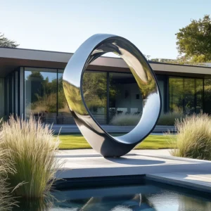Modern Ring Garden Sculpture Reflective Stainless Steel Outdoor Sculpture for Contemporary Gardens