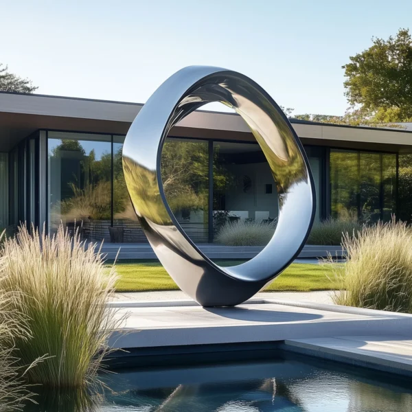 Modern Ring Garden Sculpture Reflective Stainless Steel Outdoor Sculpture for Contemporary Gardens